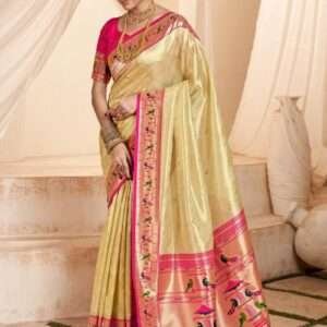 Malhari Paithani Tissue Silk Yellow Festival Wear Zari Work Saree