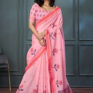 Malhari Handloom Linen Pink Casual Wear Weaving Saree