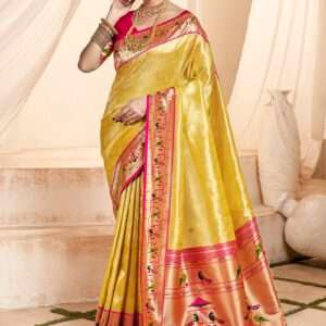 Malhari Tissue Silk Yellow Paithani Saree