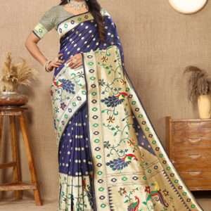Malhari Silk Navy Blue Paithani Saree