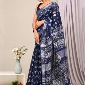 Malhari Navy Blue Linen Cotton Bagru Prited Saree