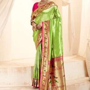 Malhari Tissue Silk Parrot Green Paithani Saree