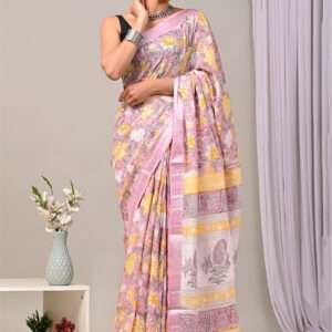 Malhari Lilac Linen Cotton Bagru Prited Saree