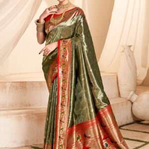 Malhari Tissue Silk Green Paithani Saree