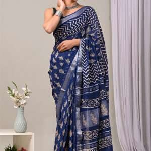 Malhari Navy Blue Linen Cotton Bagru Prited Saree