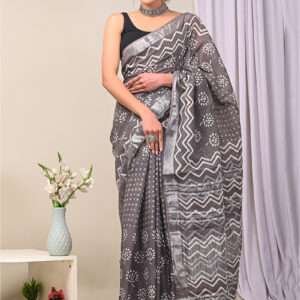 Malhari Grey Linen Cotton Bagru Prited Saree