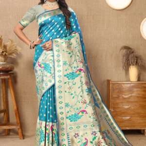 Malhari Silk Sky Blue Traditional Wear Paithani Saree